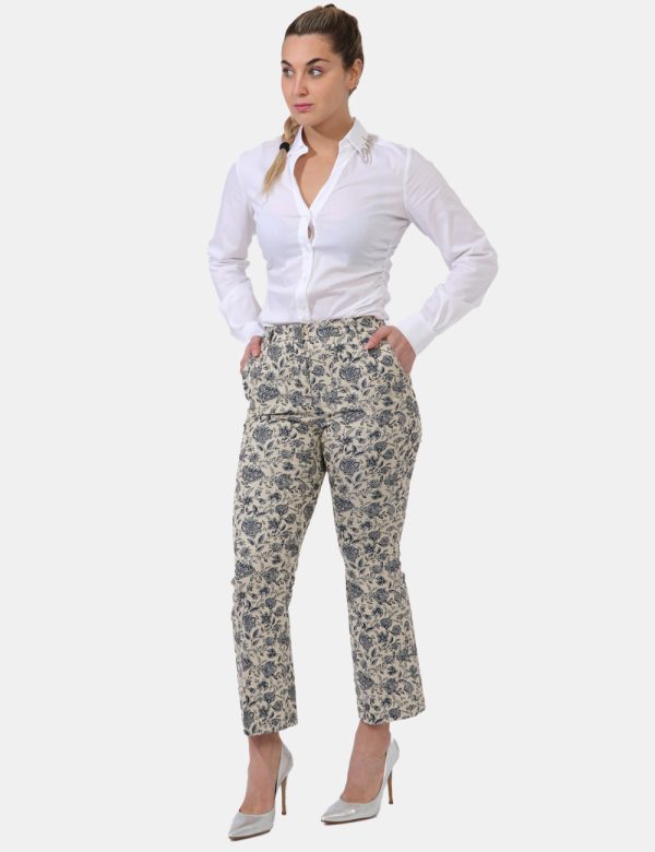 Pantaloni Pinko Blu - Pantaloni eleganti base beige e con stampa allover floreale in blu. Presenti tasche a taglio trasversa
