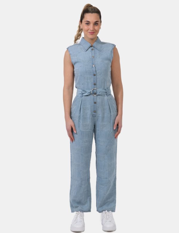 Tuta Pinko Jeans - Vestito lungo modello tuta in total denim chiaro. Presente trama con ricami e giromanica. La vestibilità