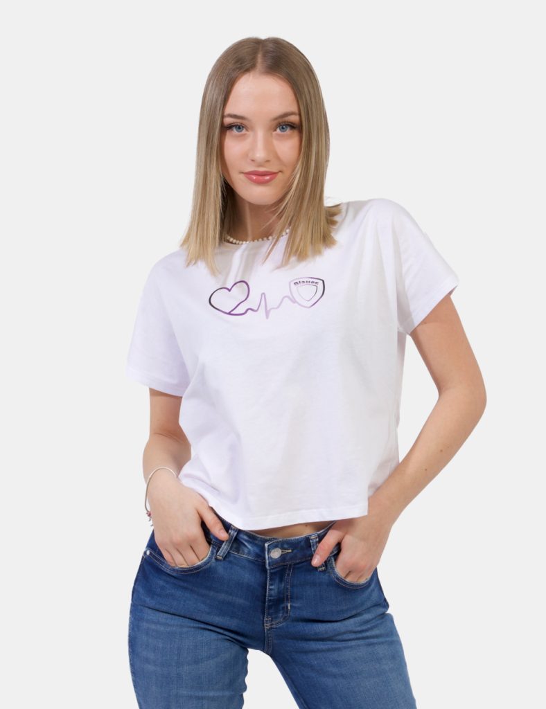 T-shirt Blauer Bianco - T-shirt corta su base bianca con stampa cuore Blauer in tonalità viola. La vestibilità è morbida e r