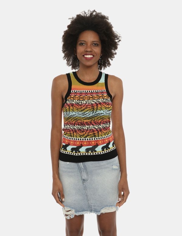 Top Desigual canotta fantasia - COMPOSIZIONE E VESTIBILITÀ:63% viscosa 29% poliestere 6% cotone 2% poliamideLa modella è alt