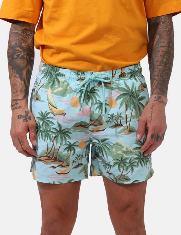 Costume Gant Azzurro - Costume su base azzurro acquamarina con stampa allover palme e tramonti in tinta coordinata. Presenti