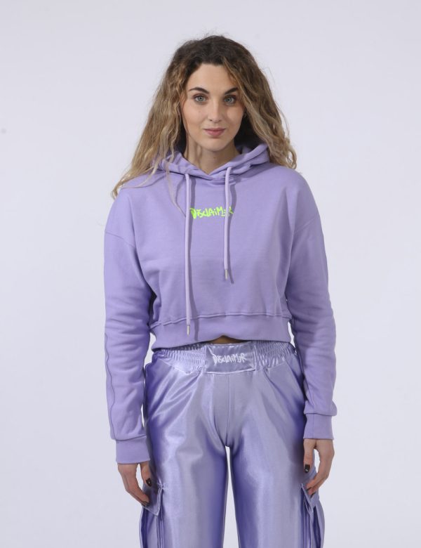Felpa Disclaimer Viola - Felpa corta con cappuccio su base lilla con stampa logo brand in verde fluo sia sul fronte sia sul