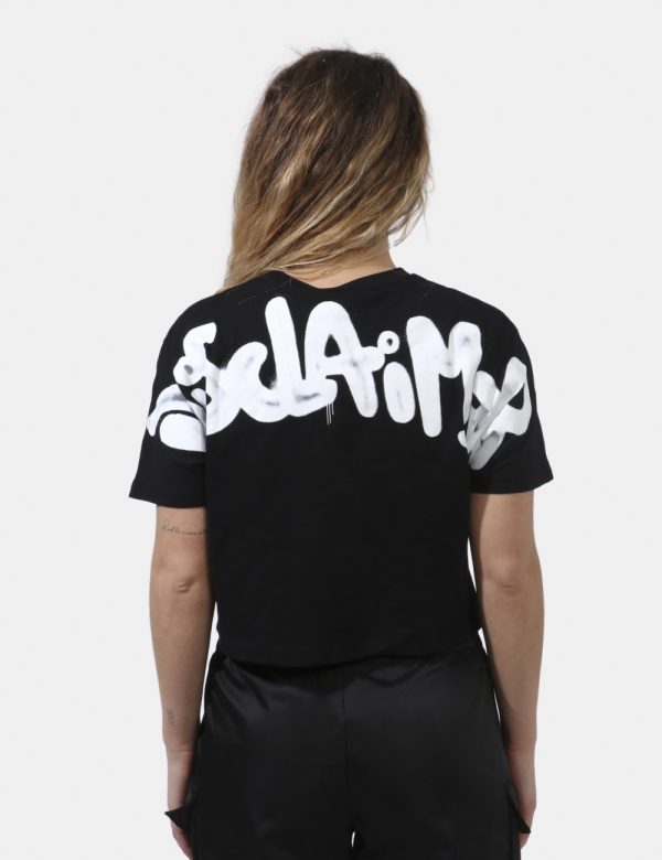 T-shirt Disclaimer Nero - T-shirt corta su sfondo nero con stampa logo brand bianco sul fronte e big stampa logo brand sul r