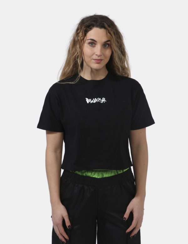 T-shirt Disclaimer Nero - T-shirt corta su sfondo nero con stampa logo brand bianco sul fronte e big stampa logo brand sul r
