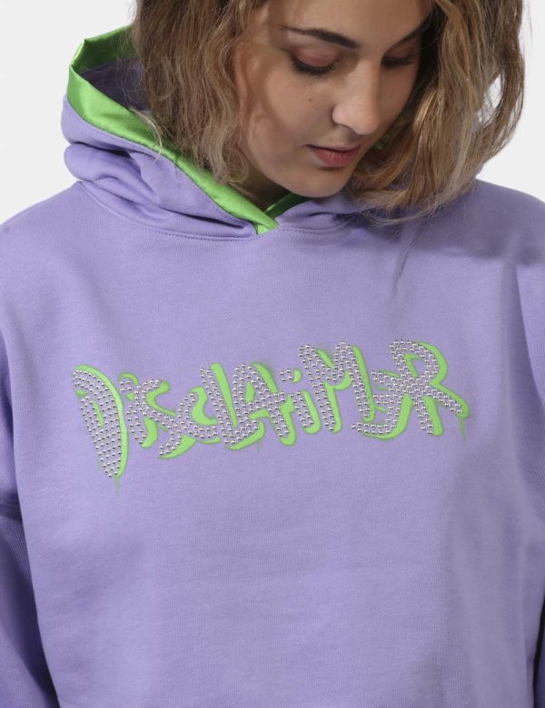 Felpa Disclaimer Viola - Felpa corta con cappuccio su base lilla con stampa logo brand in glitter argentati e dettagli verde