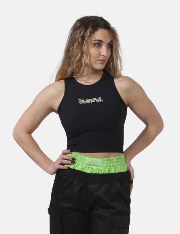 Top Disclaimer Nero - Top corto modello canotta su base nera con logo brand in glitter argenti e dettagli verdi. La vestibil