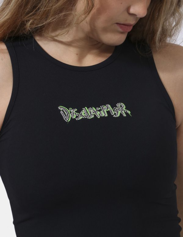 Top Disclaimer Nero - Top corto modello canotta su base nera con logo brand in glitter argenti e dettagli verdi. La vestibil