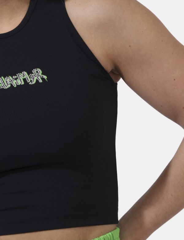 Top Disclaimer Nero - Top corto modello canotta su base nera con logo brand in glitter argenti e dettagli verdi. La vestibil