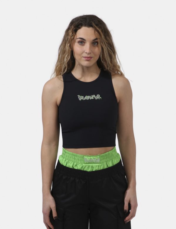 Top Disclaimer Nero - Top corto modello canotta su base nera con logo brand in glitter argenti e dettagli verdi. La vestibil