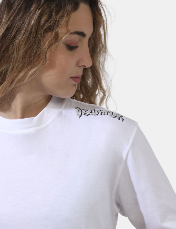 T-shirt Disclaimer Bianco - T-shirt corta su sfondo bianco con stampa logo brand ad altezza spalla in nero e glitter argenta