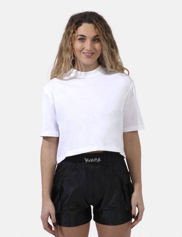 T-shirt Disclaimer Bianco - T-shirt corta su sfondo bianco con stampa logo brand ad altezza spalla in nero e glitter argenta
