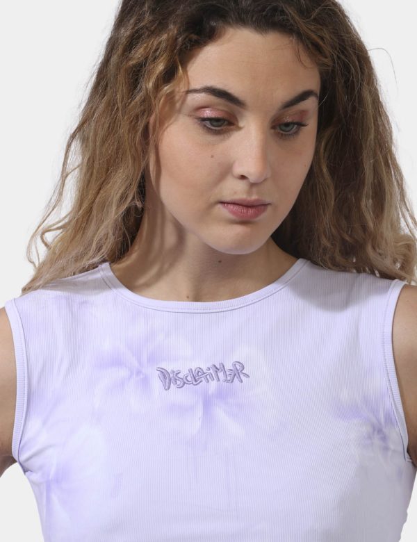 Top Disclaimer Viola - Top corto modello canotta su base lilla sfumato con logo brand ricamato in tinta. La vestibilità è mo