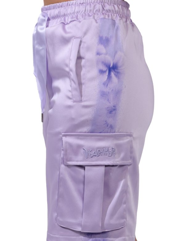Pantaloni Disclaimer Viola - Pantaloni larghi a trequarti in total lilla lucido con tasche a taglio trasversale più tasche a