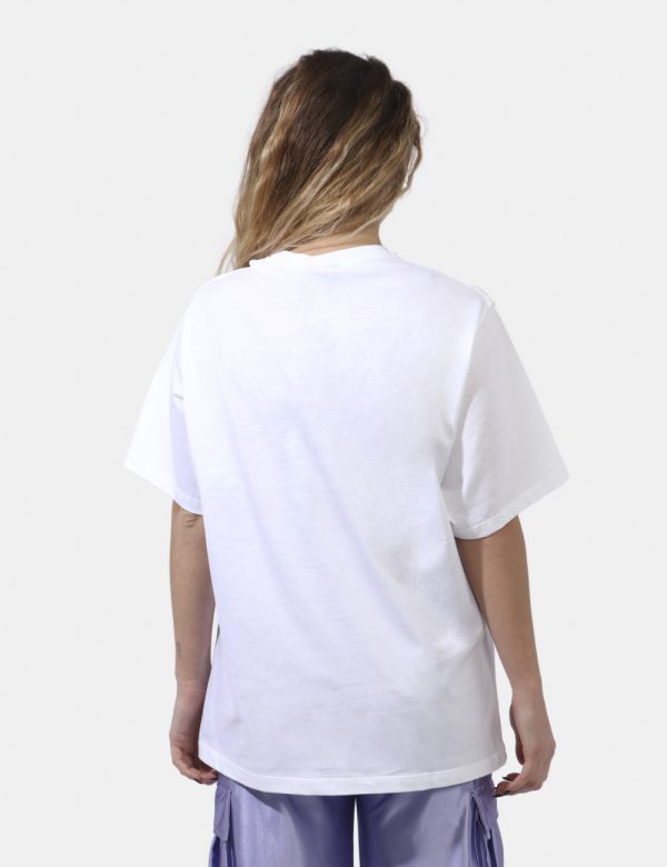 T-shirt Disclaimer Bianco - T-shirt su sfondo bianco con stampa stilizzato gattino in glitter neri. La vestibilità è morbida