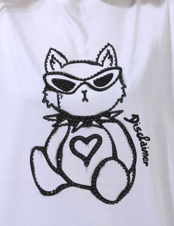T-shirt Disclaimer Bianco - T-shirt su sfondo bianco con stampa stilizzato gattino in glitter neri. La vestibilità è morbida