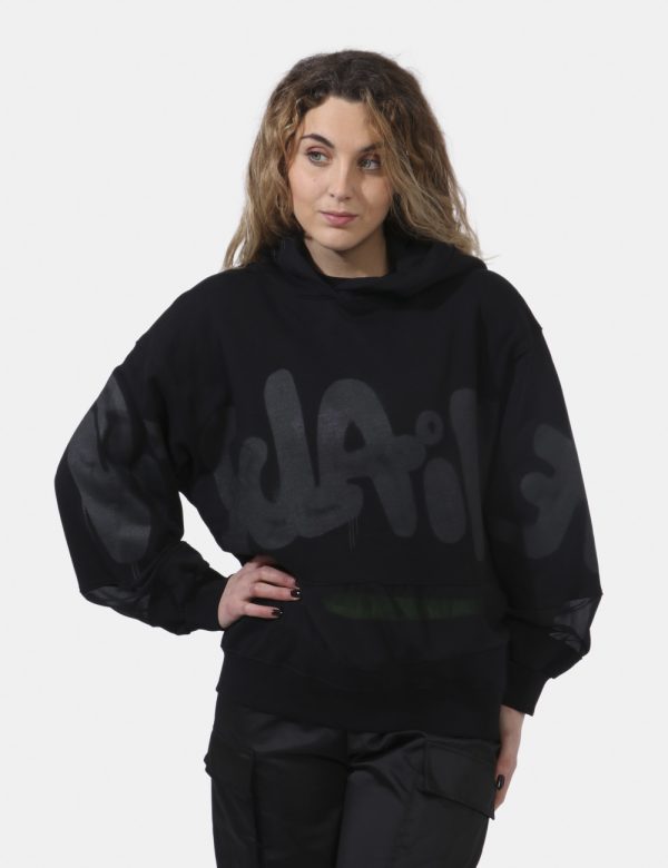 Felpa Disclaimer Nero - Felpa con cappuccio in total nero con stampa logo brand in grigio. Ulteriore dettaglio è rappresenta