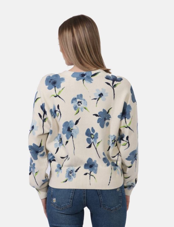 Maglione Desigual Beige - Maglione modello cardigan su base beige con stampa allover floreale tendente al blu. La vestibilit