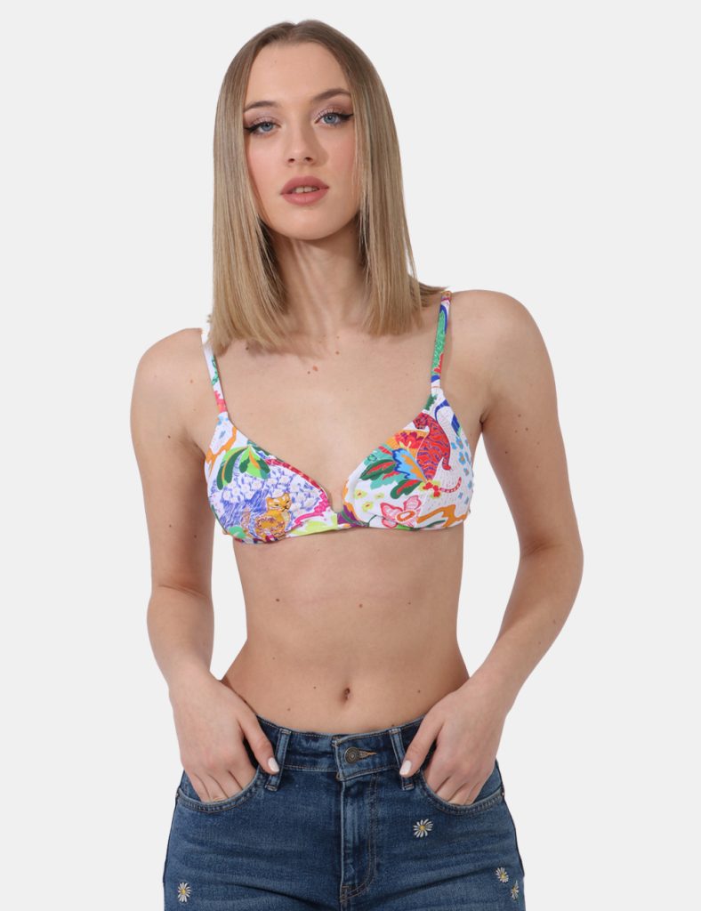 Top Desigual Fantasia - Top modello bikini su base bianca con stampa allover super colorata. La vestibilità è morbida e prat