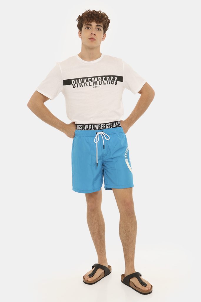 Abbigliamento uomo da mare - Costume Bikkembergs azzurro a pantaloncino con elastico e logo