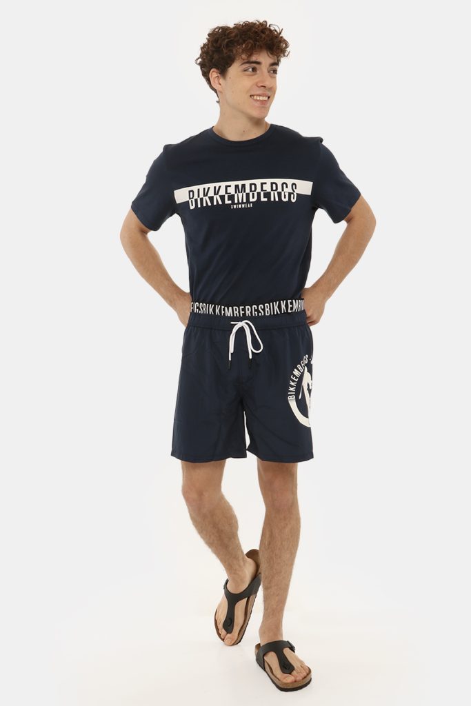 Abbigliamento uomo da mare - Costume Bikkembergs blu navy a pantaloncino con elastico e logo