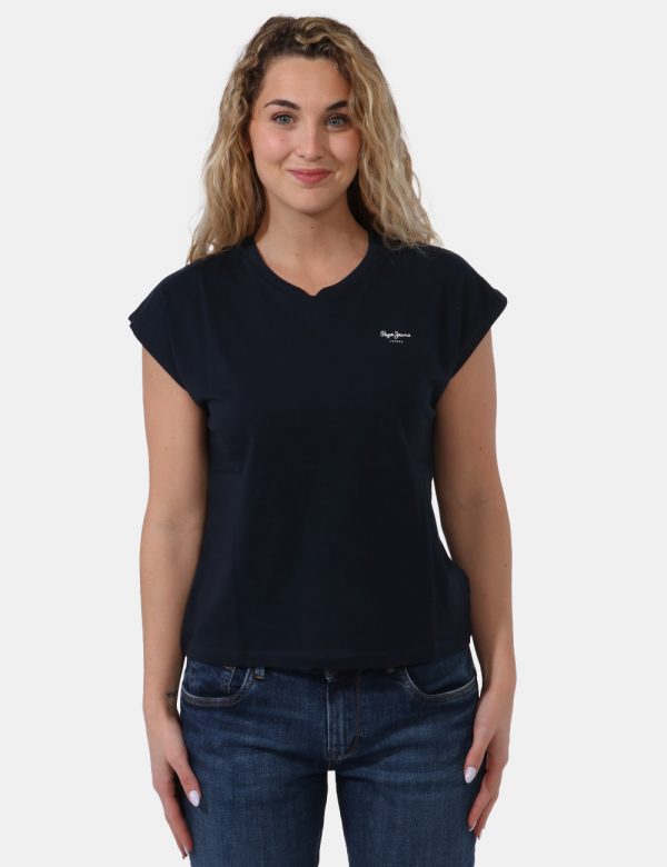 T-shirt Pepe Jeans Blu - T-shirt a giromanica in total blu navy con stampa logo brand bianco ad altezza cuore. La vestibilit