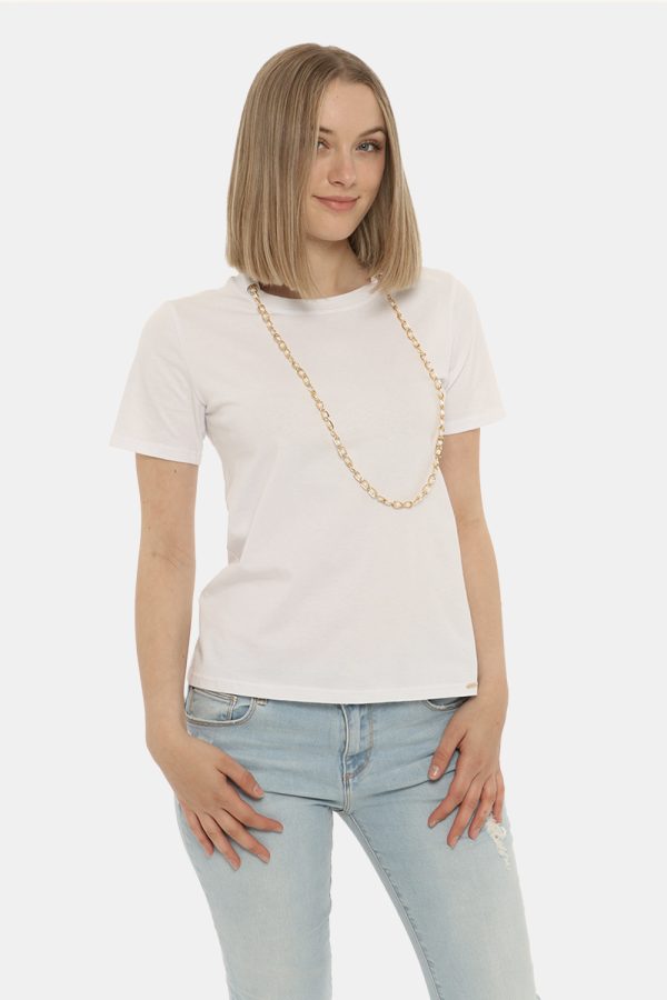 T-shirt Fracomina bianca con collana - COMPOSIZIONE E VESTIBILITÀ:90% cotone 10% elastaneLa modella è alta 170 cm e indossa
