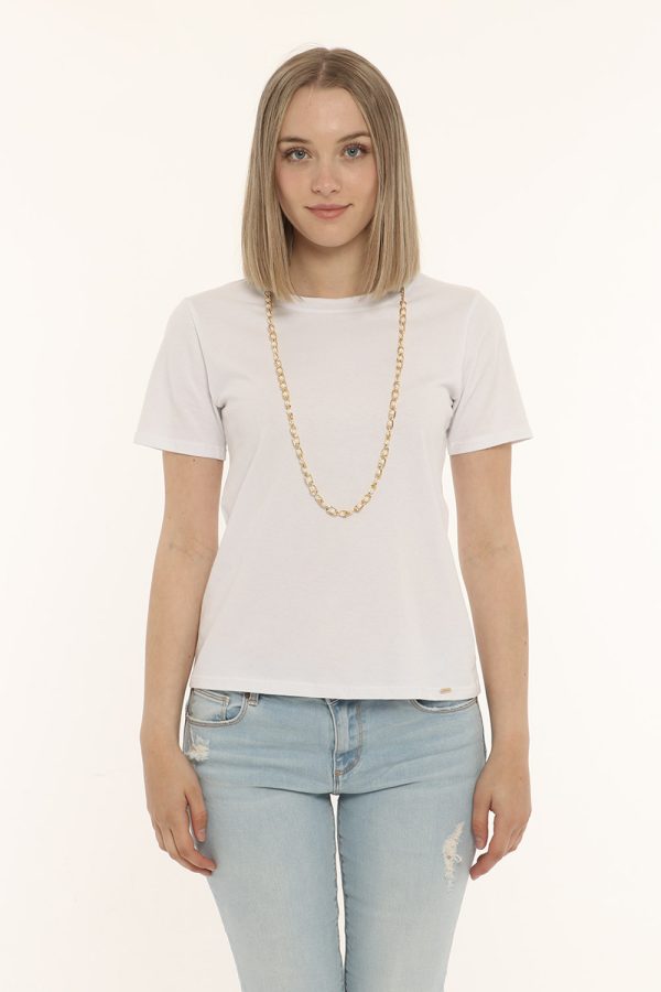 T-shirt Fracomina bianca con collana - COMPOSIZIONE E VESTIBILITÀ:90% cotone 10% elastaneLa modella è alta 170 cm e indossa