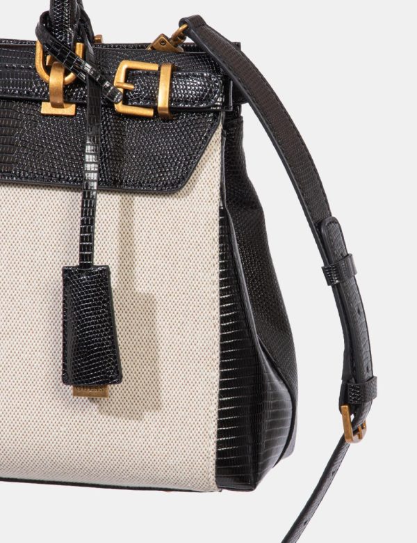 Borsa Guess Beige - Borsa a tracolla semirigida di medie dimensioni in simil pelle lucida, bicolor beige e nero. La bag si c