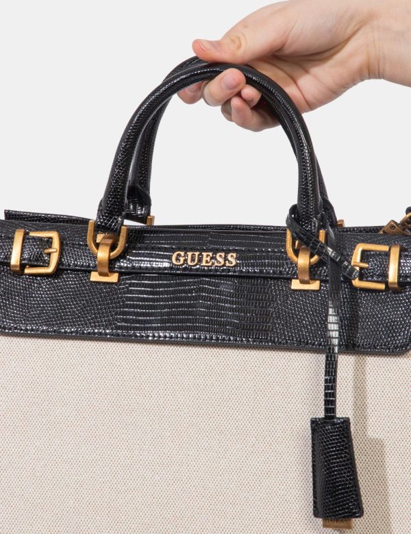 Borsa Guess Beige - Borsa a tracolla semirigida di medie dimensioni in simil pelle lucida, bicolor beige e nero. La bag si c