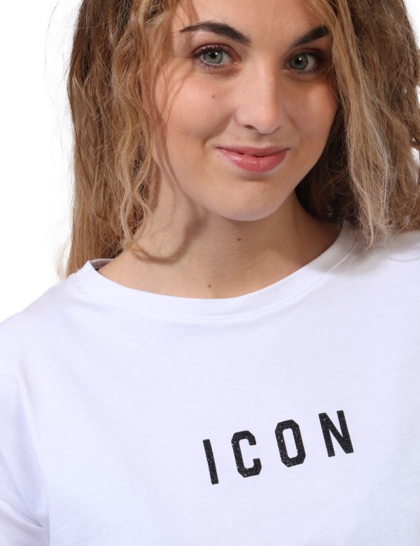T-shirt Icon Bianco - T-shirt corta con ombelico scoperto su base bianca. Presente stampa logo brand in nero e lurex argenta