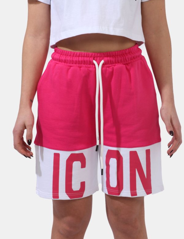 Shorts Icon Fucsia - Shorts felpati bicolor fucsia e bianchi con stampa logo brand bianco. Presenti tasche a taglio trasvers