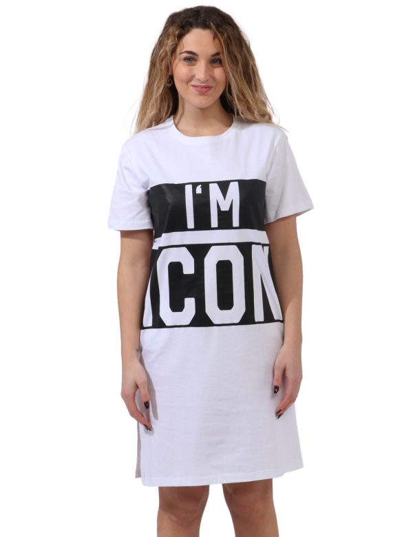 Abito Icon Bianco - Vestito lungo a maniche corte simil t-shirt. Il capo si sviluppa su base bianca con big stampa logo in n