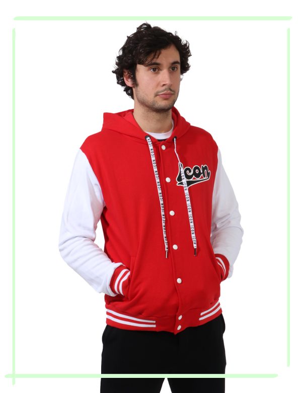Felpa Icon Rosso - Felpa classica con cappuccio su base rosso scarlatto e con maniche bianche. Presenti diverse stampa logo