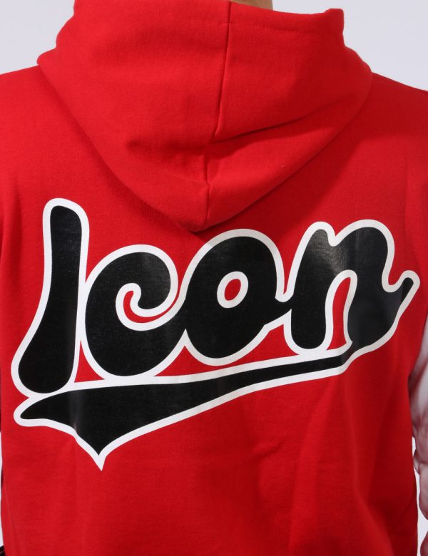 Felpa Icon Rosso - Felpa classica con cappuccio su base rosso scarlatto e con maniche bianche. Presenti diverse stampa logo