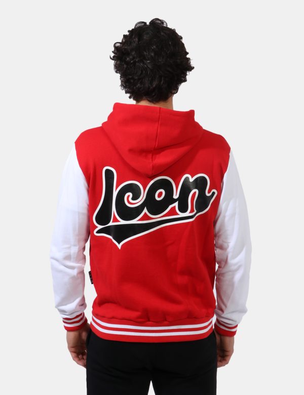 Felpa Icon Rosso - Felpa classica con cappuccio su base rosso scarlatto e con maniche bianche. Presenti diverse stampa logo