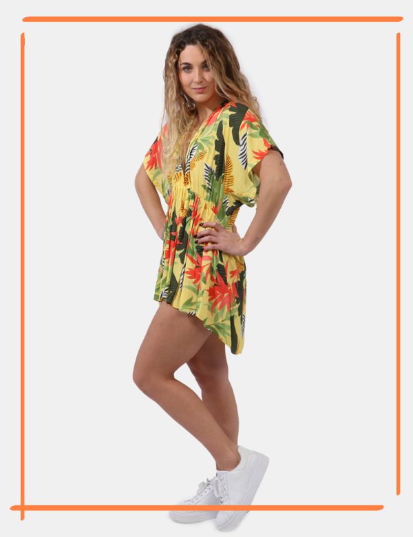 Copricostume Desigual Fantasia - Copricostume a maniche corte su base giallo pastello con fantasia allover floreale in varie