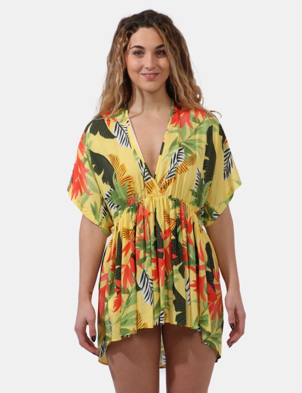 Copricostume Desigual Fantasia - Copricostume a maniche corte su base giallo pastello con fantasia allover floreale in varie