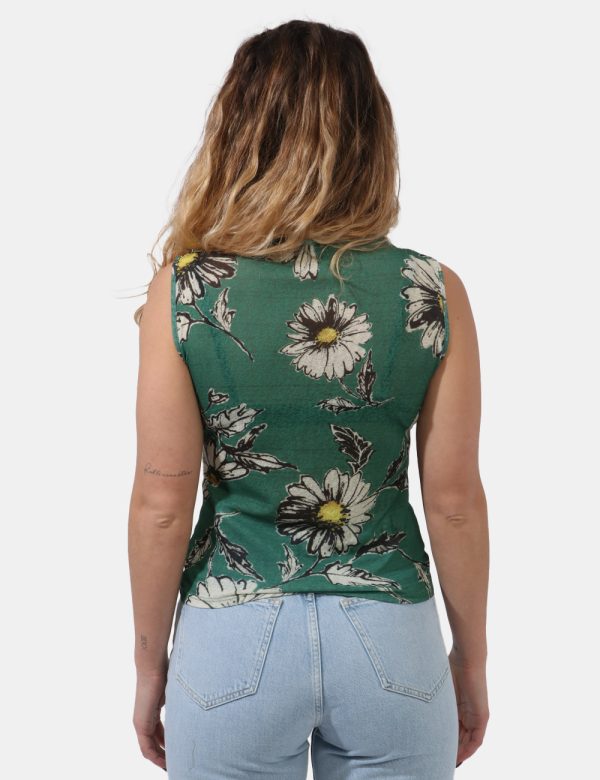 Top Desigual Verde - Top a giromanica con tessuto velato su base verde foresta e stampa allover fiori bianchi. Presente dopp