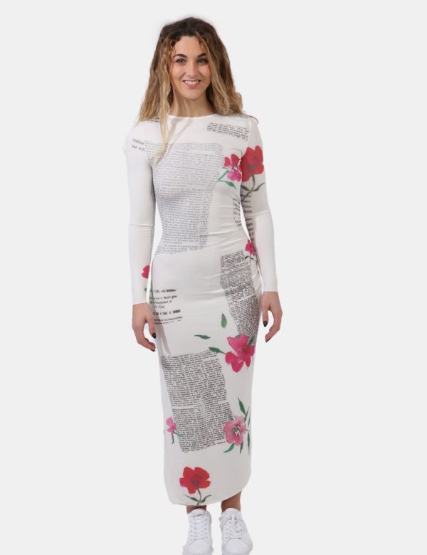 Abito Desigual Bianco - Vestito lungo a maniche lunghe in maglina. Il capo si sviluppa su base bianco panna con elegante st
