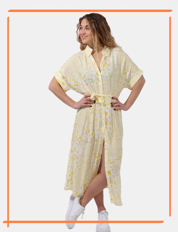 Abito Desigual Giallo - Vestito lungo a maniche corte su base beige con fantasia allover floreale in varie tonalità di giall