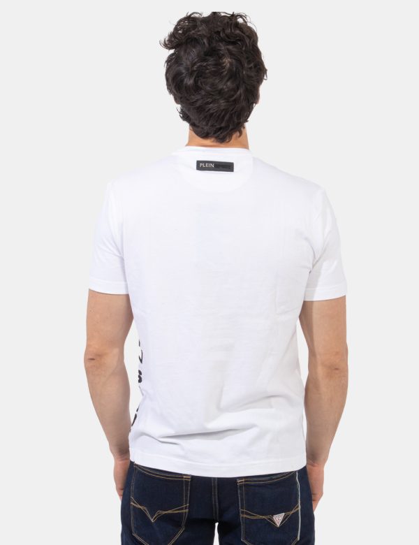 T-shirt Plein Sport Bianco - T-shirt classica in total bianco con piccolo patch logo brand ad altezza cuore più stampa later
