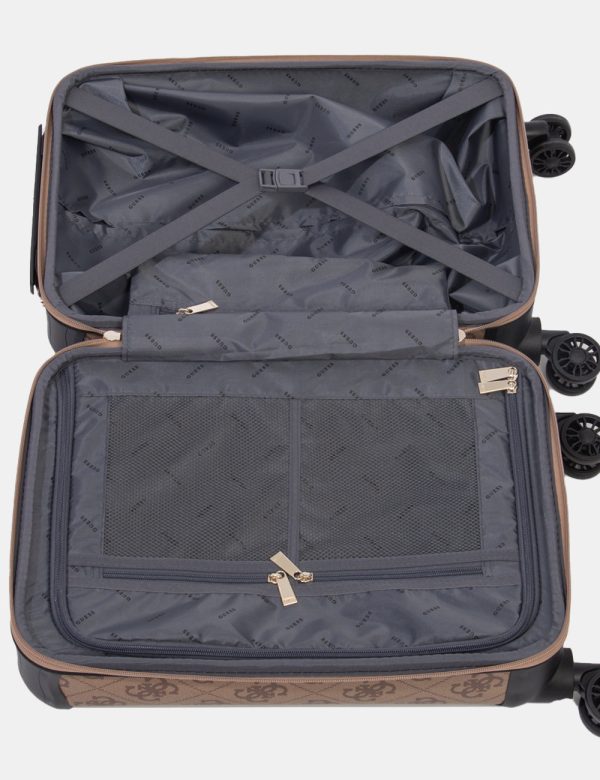 Borsa Guess Marrone - Borsa trolley da viaggio in taglia small, rigido ed in tessuto marrone con logo brand più angoli rinfo