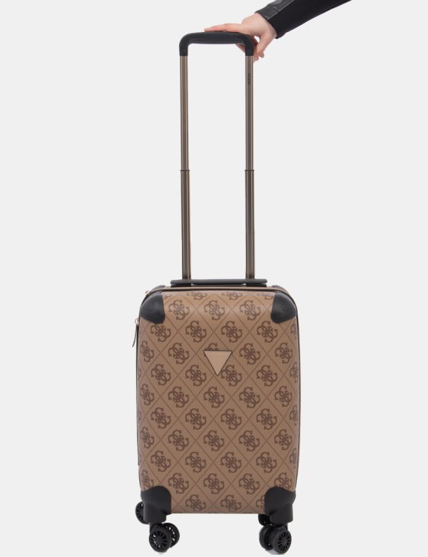 Borsa Guess Marrone - Borsa trolley da viaggio in taglia small, rigido ed in tessuto marrone con logo brand più angoli rinfo