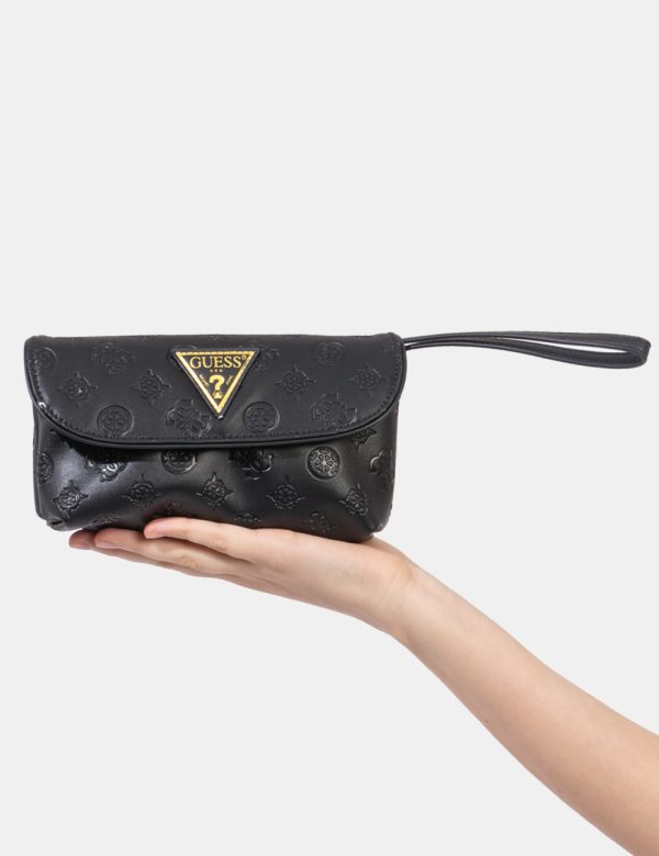 Borsa Guess Nero - Borsa a mano modello beauty pochette in total nero con logo brand sagomato. Presente unico scompartimento