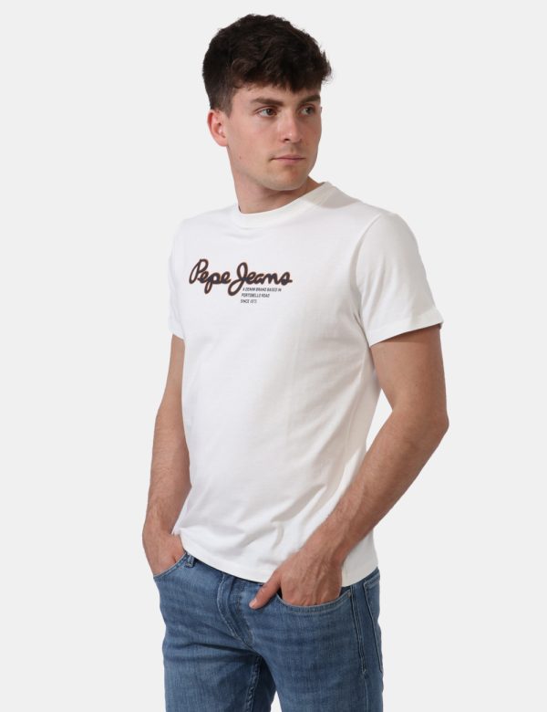 T-shirt Pepe Jeans Bianco - T-shirt classica su base bianca con stampa logo brand in nero e arancione. La vestibilità è morb