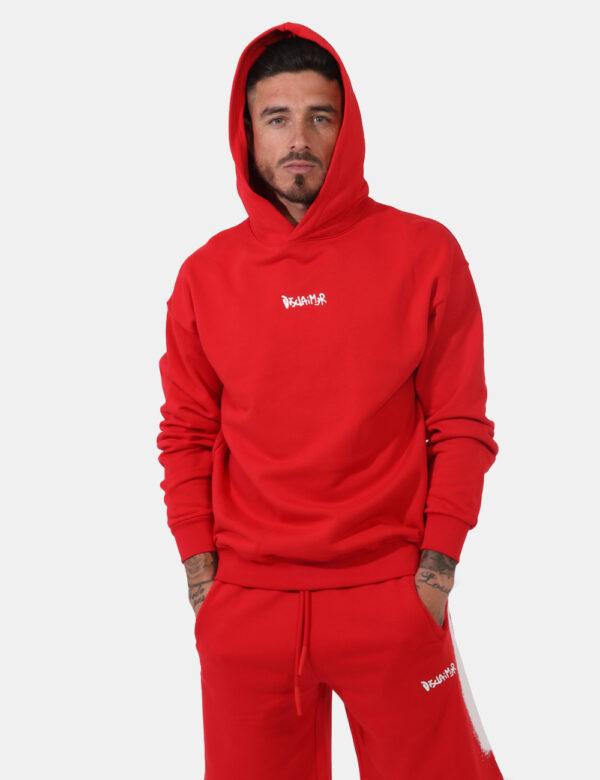Felpa Disclaimer Rosso - Felpa con cappuccio in total rosso con stampa logo brand bianco sul fronte e stampa fotografica sul