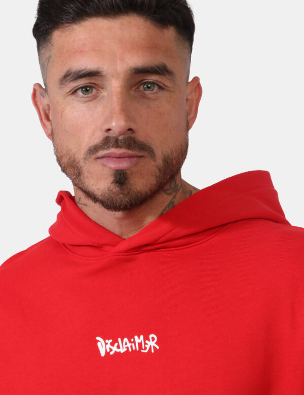 Felpa Disclaimer Rosso - Felpa con cappuccio in total rosso con stampa logo brand bianco sul fronte e stampa fotografica sul