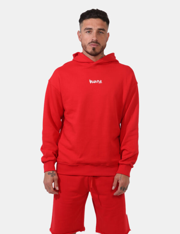 Felpa Disclaimer Rosso - Felpa con cappuccio in total rosso con stampa logo brand bianco sul fronte e stampa fotografica sul