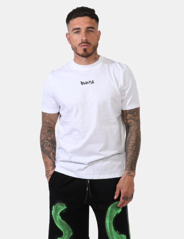 T-shirt Disclaimer Bianco - T-shirt su sfondo bianco con stampa logo brand nero sul fronte e big stampa logo brand in rosso