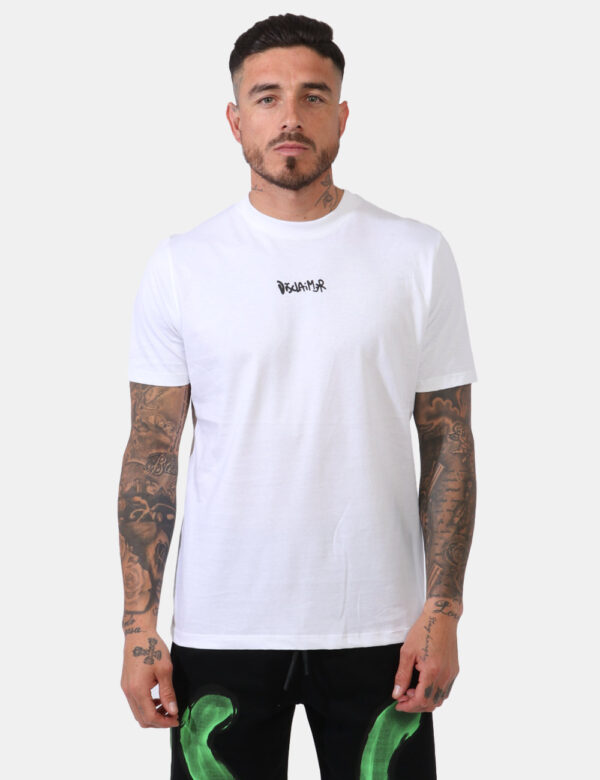 T-shirt Disclaimer Bianco - T-shirt su sfondo bianco con stampa logo brand nero sul fronte e big stampa logo brand in rosso